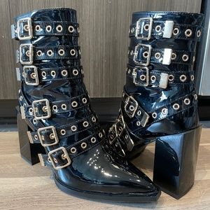 Patent Black Chunky Bootie with Gold Hardware - Statement Piece